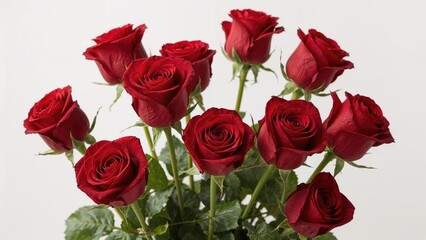Bunch of vibrant red roses arranged elegantly with lush green leaves against a clean white background providing a striking visual contrast