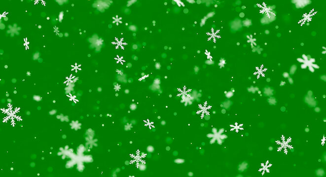 Ultra-realistic 3D render of gently falling snowflakes isolated on vivid green screen background, perfectly designed for chroma key compositing in high-end VFX or film production projects