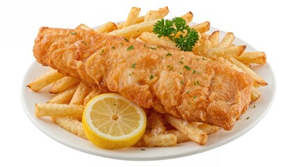 Golden fried fish coated in crunchy batter paired with a side of French fries, a well-loved dish.