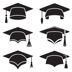 set of vector different graduation hat , graduation hat with diploma black silhouettes for graphic resources