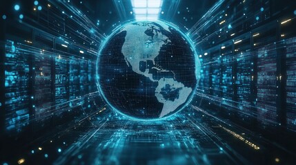 Globe floats in glowing tech tunnel