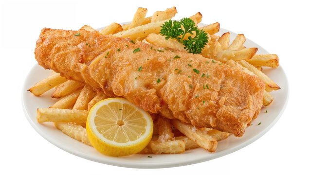 Golden fried fish coated in crunchy batter paired with a side of French fries, a well-loved dish.