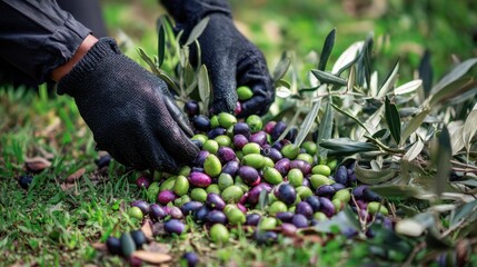The hands gathering fresh olives from the ground during harvest season.