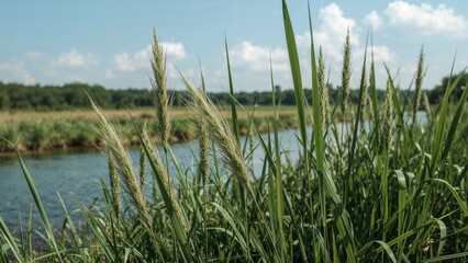 Summer scenery featuring tall grasses near a water body