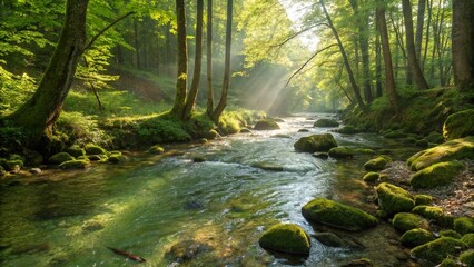 Obraz premium Clear Stream Flowing Through Sunlit Forest with Greenery and Natural Light