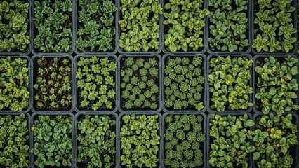 Multiple plastic containers holding assorted plants arranged in a tidy line