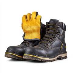 A pair of black and yellow work boots