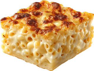 Creamy baked macaroni and cheese casserole recipe on transparent background