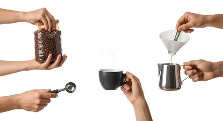 Hands Preparing Coffee, Pouring Milk, and Measuring Beans - Step-by-Step Guide