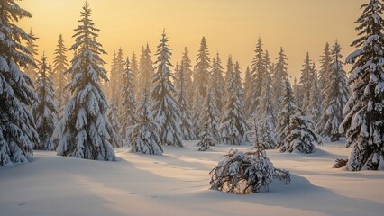 Golden sunlight brightening a winter pine grove at dawn