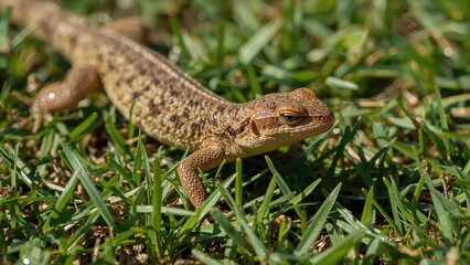 Obraz premium Macro photo of a Lacerta agilis lizard navigating blades of grass