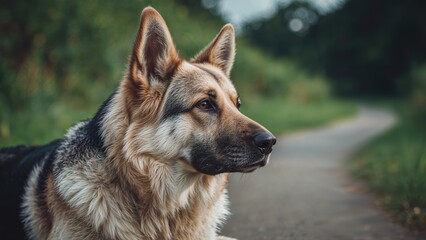 A herding dog observing a trail, outdoors close-up