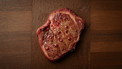 Obraz premium A tender rare beef steak with juices on a rustic wooden cutting board, overhead shot with ample space for text