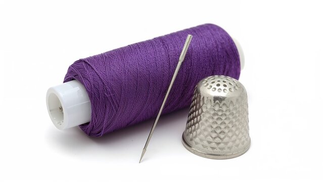 Professional close-up of a bright purple sewing thread spool accompanied by a needle and gleaming silver thimble on a white surface