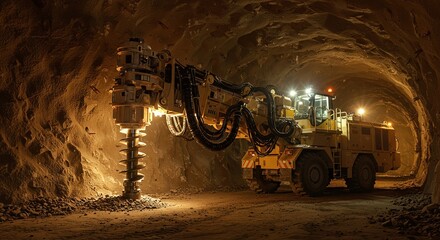 Large Mining Excavator Drilling in Underground Tunnel with Bright Lights