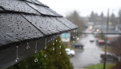 Rain dripping from a dark gray shingle roof