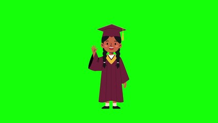 Flat animated girl with dark skin and braids in a burgundy graduation gown and cap waving happily on a green screen background. Ideal for chroma key use in school celebration videos, presentations, or - Powered by Adobe