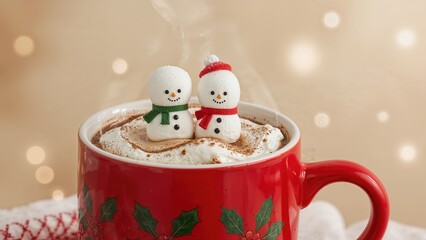 Red mug containing hot cocoa accompanied by marshmallow snowman treats