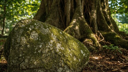 An enormous boulder draped with green moss