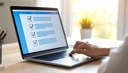 Woman using a laptop displaying a digital checklist for task management and productivity at a bright workspace.