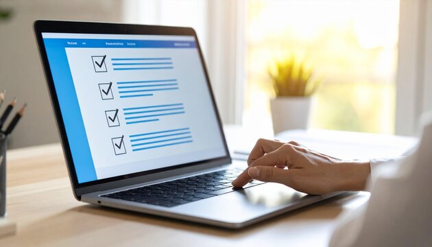 Woman using a laptop displaying a digital checklist for task management and productivity at a bright workspace.
