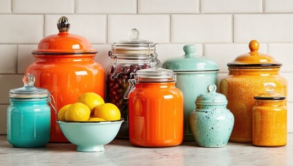 Colorful storage jars and bowls on a kitchen counter