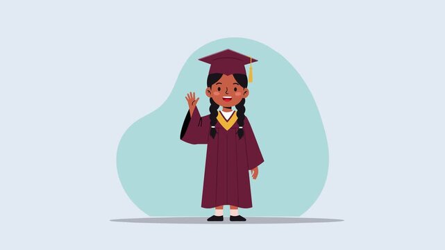 Cartoon animation of a smiling dark-skinned girl in a burgundy graduation gown and cap waving on a beige background. Perfect for educational content, congratulatory school messages, or academic celebr