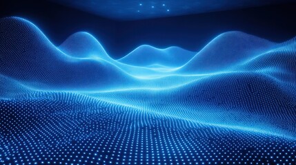 Glowing blue dot matrix landscape, wavy terrain