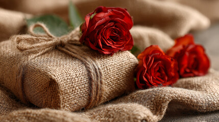 Rustic gift wrapped in beige jute cloth is adorned with vibrant red roses, creating charming and romantic presentation. natural texture of fabric enhances elegance of scene