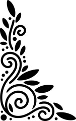 Black ornamental corner flourish with swirling vines and oval leaves white