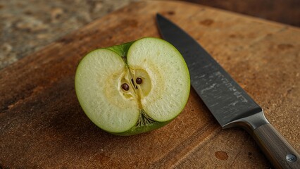 Detailed close-up of green apple being cut by a knife
