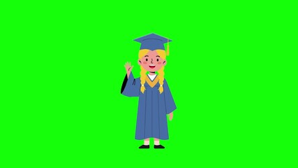 Cartoon-style animated female student with pink skin tone and blond hair, wearing a navy blue graduation cap and gown with yellow tassel. She smiles brightly and waves against a chroma key green scree - Powered by Adobe