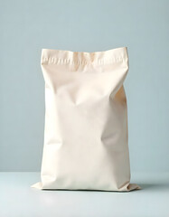 Minimalist cream standing pouch against a calm blue background.