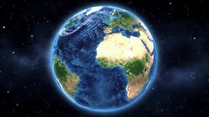 Photorealistic 3D Render of Earth Rotating in Starry Space Background Showing Blue Oceans and Green Continents at Eye Level - Powered by Adobe