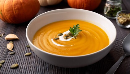 creamy pumpkin soup in white bowl perfect for cozy fall cuisine photography