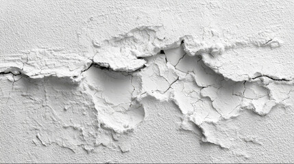 Chipped white plaster surface with intricate cracks, revealing texture and depth. image captures raw, aged beauty of material, evoking sense of history and decay
