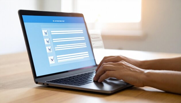 Person completes online checklist using laptop, working from home with an easy form and clear check boxes showing all tasks completed