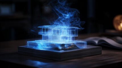 Holographic shapes on blueprints. Construction blueprints established. Meticulously designed blueprints. AI generated.