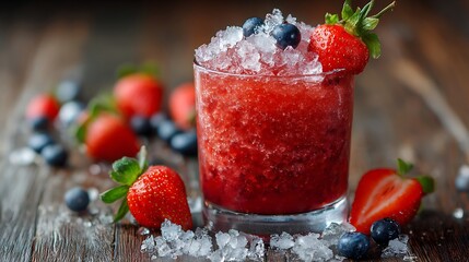 Icy cold strawberry smoothie with vibrant berries and crushed ice for a perfect summer treat