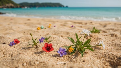 Petals resting on the beach sand