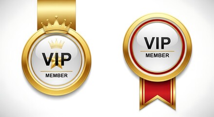 Fototapeta premium Luxurious gold VIP badge with a regal crown showcasing exclusivity and status alongside a red ribbon VIP badge