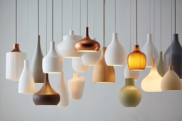 Modern pendant lights in various colors and shapes