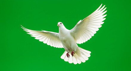 Fototapeta premium Stunning High Speed Close-Up of White Dove in Flight Mid Take-Off with Detailed Feathers on Vibrant Green Screen for Seamless Sky Replacement in Cinematic Nature or Freedom Scene