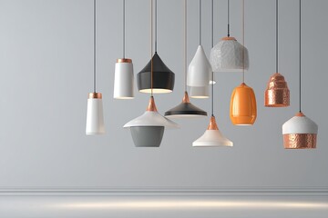 Multiple modern pendant lights in various colors and shapes hang from a white wall