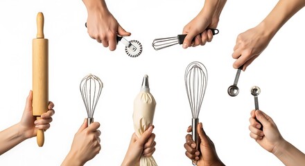 Diverse Hands Holding Baking Tools: A Culinary Composition