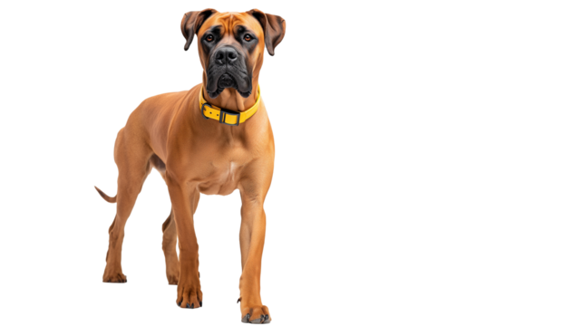 Boxer dog wearing yellow warning collar signaling strangers not to pet. Anxious canine with protective gear for behavioral safety. Studio portrait on transparent background.