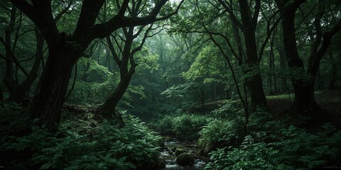 Fototapeta premium Dark woodland landscape with dense greenery and atmospheric mist, perfect for mystery, fantasy, and eco-themed designs