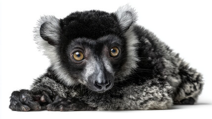 Fototapeta premium Closeup of black and white lemur on white background wildlife conservation animal portrait Madagascar monkey rare species endangered primate