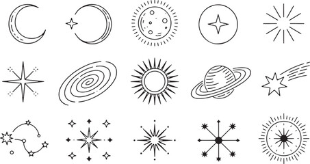 Celestial bodies and cosmic elements in simple line art moon crescent starburst
