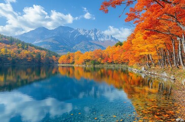 Fototapeta premium Vibrant autumn trees reflected in a clear blue lake with snow capped mountains fall water